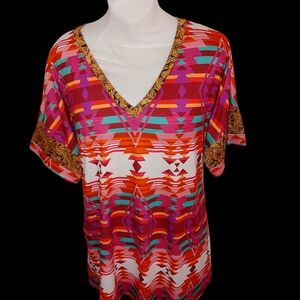 Southern Stitch Womens 3XL Tribal Southwest Short Sleeve Vneck Aztec Blouse